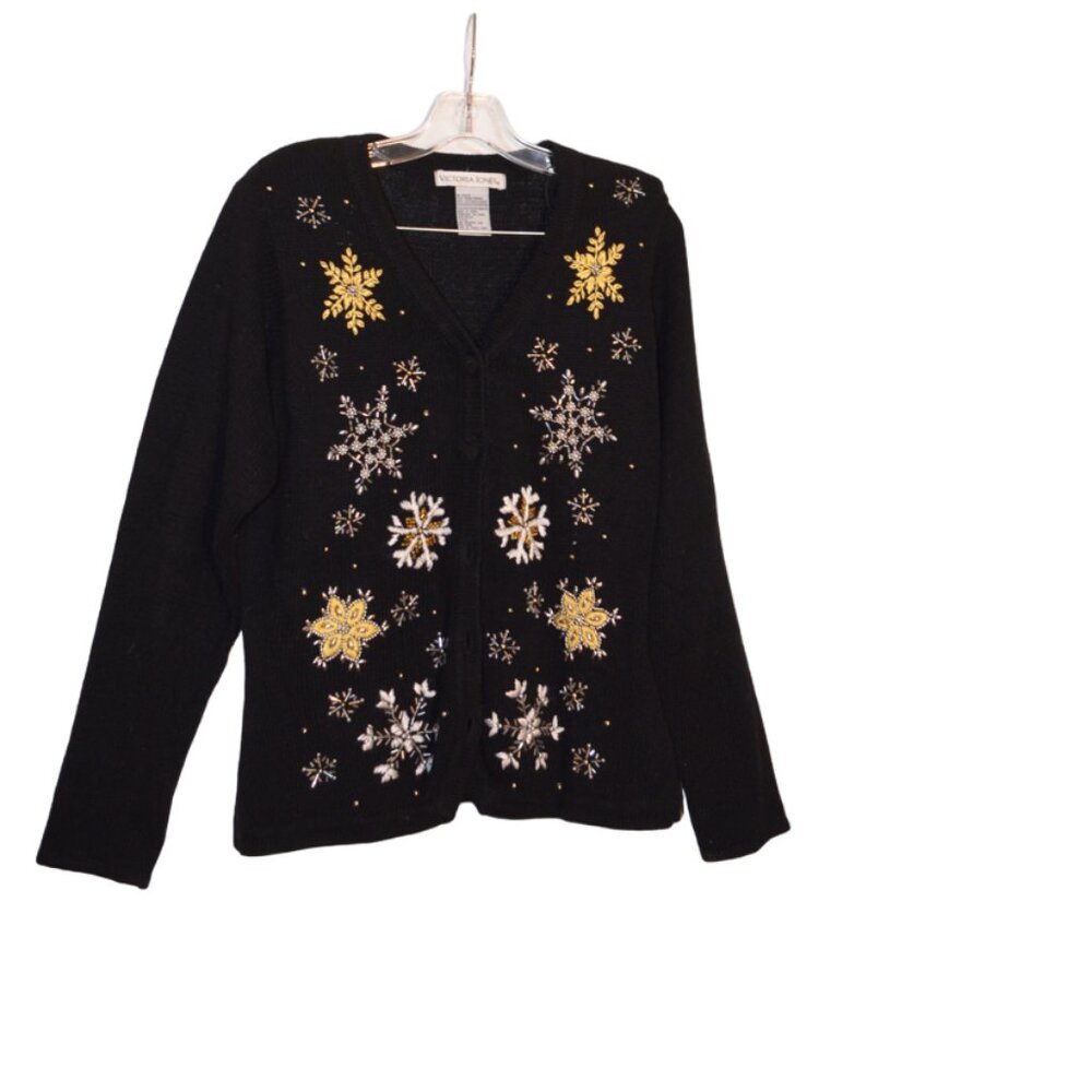 Victoria Jones (R) Knit Embroidery Christmasy Snow Flakes Beads Black Jacket S